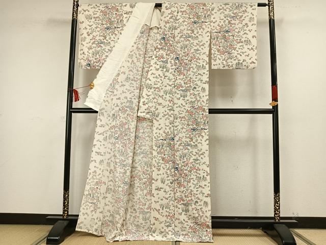平和屋着物▽上質な小紋 単衣 舞蝶花鳥文 正絹 逸品 AAAW7630fy