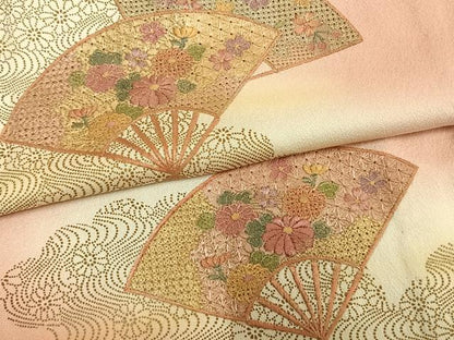平和屋着物▽訪問着 単衣 中国三大刺繍 汕頭刺繍 スワトウ刺繍 扇面花文 暈し染め 金彩 正絹 逸品 AAAW7631fy