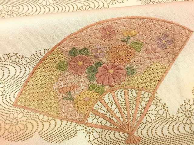 平和屋着物▽訪問着 単衣 中国三大刺繍 汕頭刺繍 スワトウ刺繍 扇面花文 暈し染め 金彩 正絹 逸品 AAAW7631fy