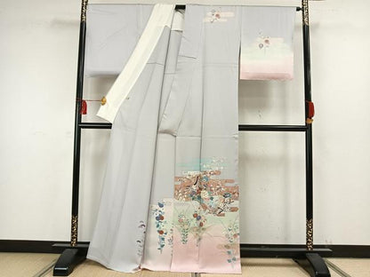 平和屋着物▽訪問着 単衣 人物御所車花文 金彩 正絹 逸品 未使用 AAAW7633fy