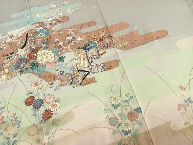 平和屋着物▽訪問着 単衣 人物御所車花文 金彩 正絹 逸品 未使用 AAAW7633fy