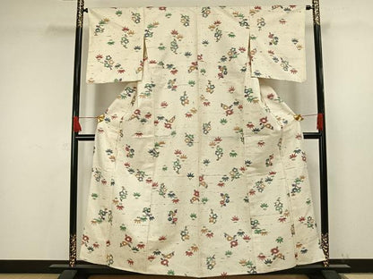 平和屋着物▽上質な紬 単衣 枝花文 正絹 逸品 AAAW7638fy