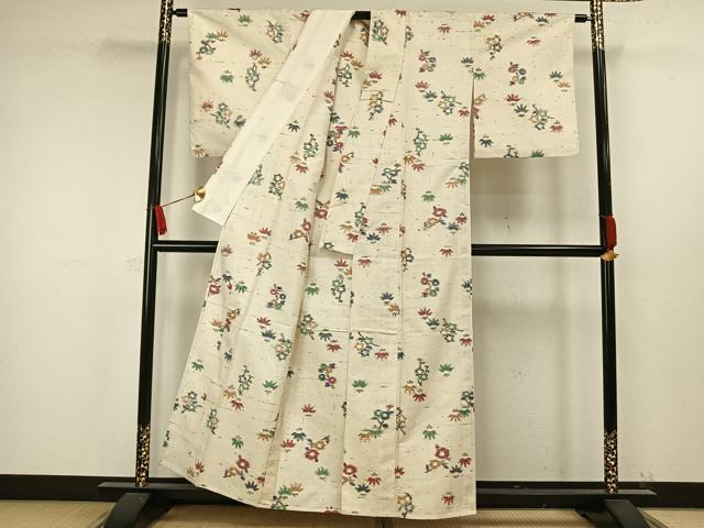 平和屋着物▽上質な紬 単衣 枝花文 正絹 逸品 AAAW7638fy
