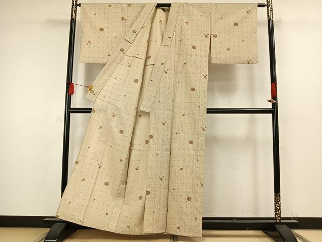平和屋着物▽上質な紬 単衣 丸文 正絹 逸品 AAAW7642fy
