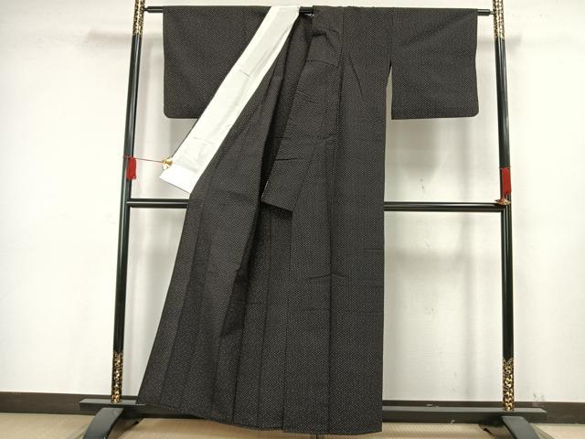 平和屋着物▽本塩沢 単衣 蚊絣 黒地 正絹 逸品 AAAW7645fy