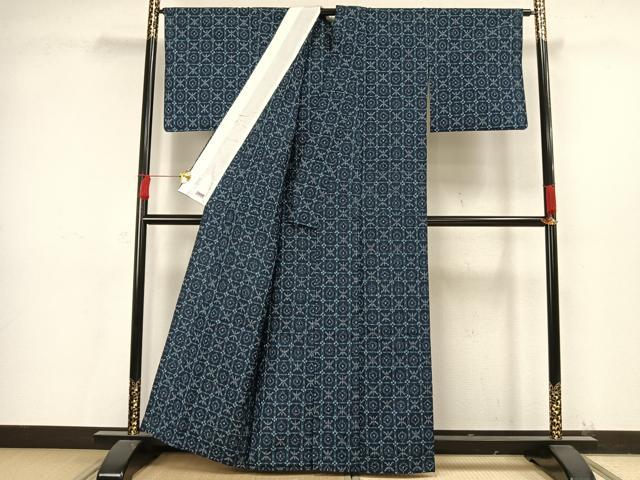 平和屋着物▽上質な紬　単衣　幾何学文様　高島屋扱い　正絹　逸品　AAAW7646fy