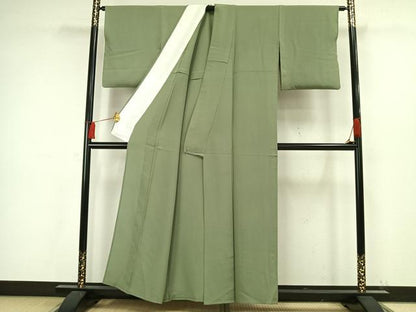 平和屋着物▽上質な色無地　単衣　山葵色　正絹　逸品　AAAW7649fy