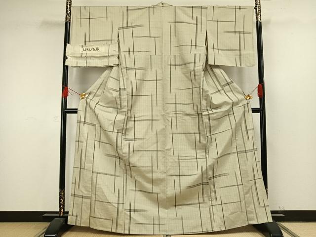平和屋着物▽上質な紬 単衣 紬紅梅織 格子 反端付き 正絹 逸品 未使用 AAAW7653fy