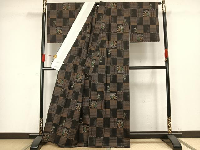 平和屋着物▽本場大島紬 単衣 9マルキ 市松人物文 ほていや扱い 正絹 逸品 AAAW7654fy