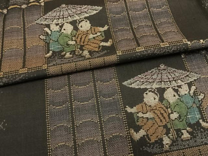 平和屋着物▽本場大島紬 単衣 9マルキ 市松人物文 ほていや扱い 正絹 逸品 AAAW7654fy