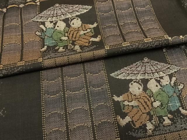 平和屋着物▽本場大島紬 単衣 9マルキ 市松人物文 ほていや扱い 正絹 逸品 AAAW7654fy