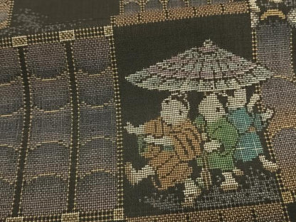 平和屋着物▽本場大島紬 単衣 9マルキ 市松人物文 ほていや扱い 正絹 逸品 AAAW7654fy