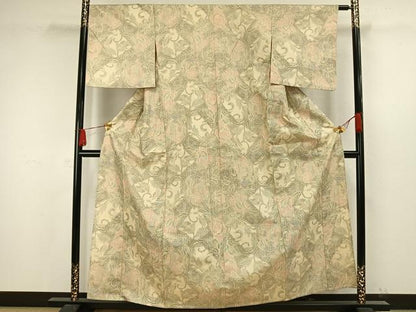 平和屋着物▽上質な紬 単衣 草花文 正絹 逸品 AAAW7655fy
