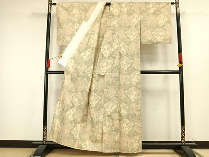 平和屋着物▽上質な紬 単衣 草花文 正絹 逸品 AAAW7655fy