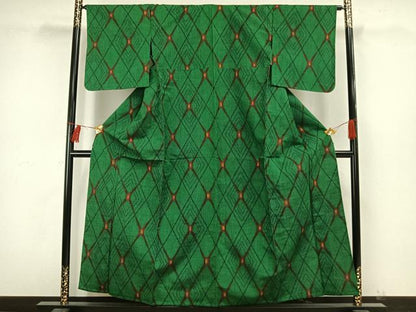 平和屋着物▽上質な紬 　単衣　幾何学文様 　正絹　逸品　未使用　AAAW7674fy