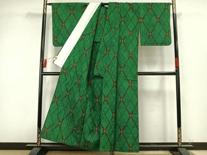 平和屋着物▽上質な紬 　単衣　幾何学文様 　正絹　逸品　未使用　AAAW7674fy