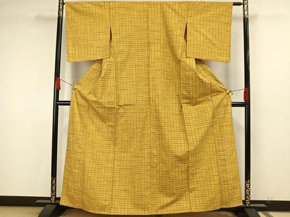 平和屋着物▽上質な紬　単衣　格子　正絹　逸品　AAAW7689fy