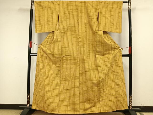 平和屋着物▽上質な紬　単衣　格子　正絹　逸品　AAAW7689fy