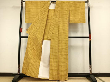 平和屋着物▽上質な紬　単衣　格子　正絹　逸品　AAAW7689fy