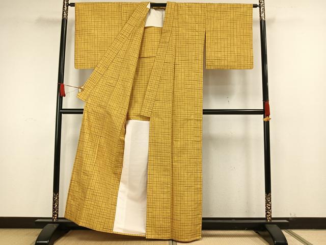 平和屋着物▽上質な紬　単衣　格子　正絹　逸品　AAAW7689fy