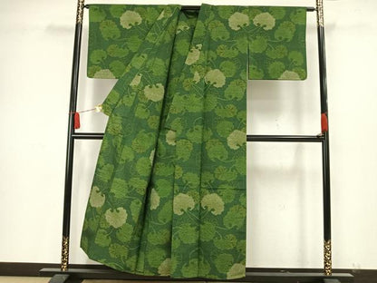 平和屋着物▽上質な紬 単衣 蔦の葉文 正絹 逸品 AAAW7693fy