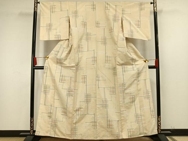 平和屋着物▽上質な紬 単衣 幾何学文様 正絹 逸品 AAAW7696fy