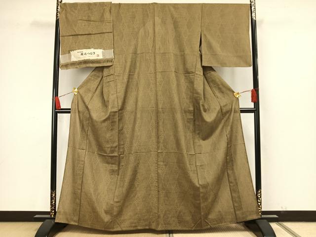 平和屋着物▽絹花紬　単衣　民芸手織絣　幾何学文様　反端付き　正絹　逸品　AAAW7698fy