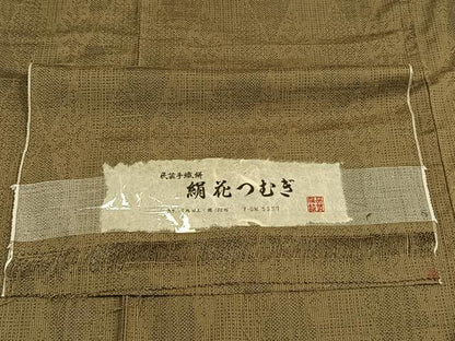 平和屋着物▽絹花紬　単衣　民芸手織絣　幾何学文様　反端付き　正絹　逸品　AAAW7698fy
