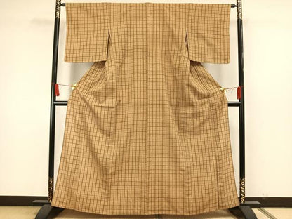 平和屋着物▽上質な紬 単衣 格子 正絹 逸品 AAAW7700fy
