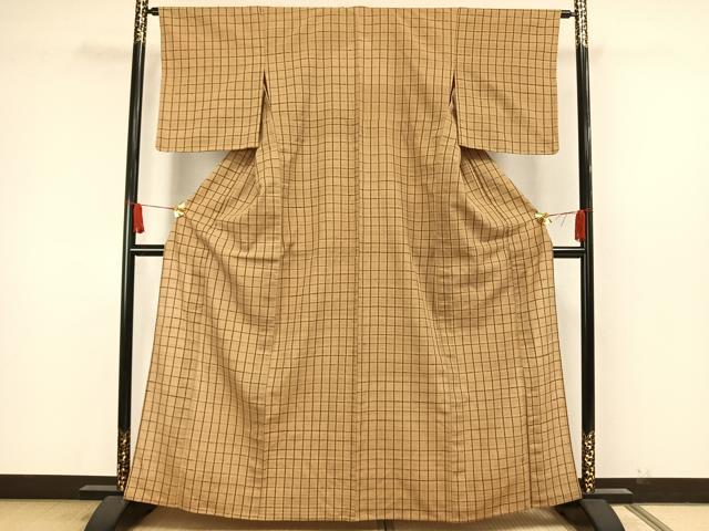 平和屋着物▽上質な紬 単衣 格子 正絹 逸品 AAAW7700fy