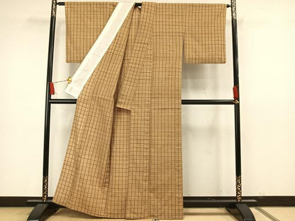 平和屋着物▽上質な紬 単衣 格子 正絹 逸品 AAAW7700fy