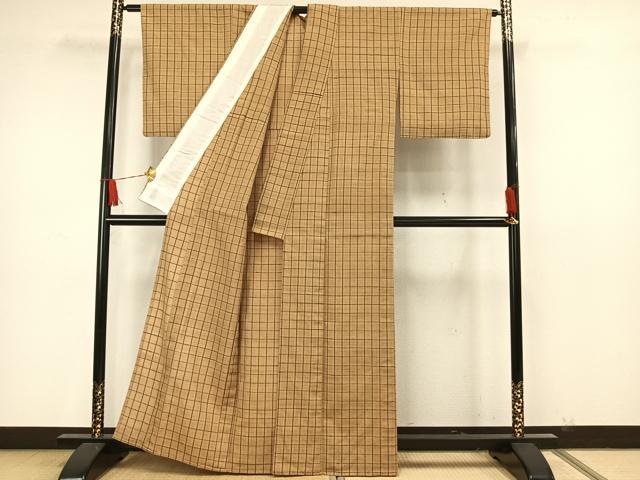 平和屋着物▽上質な紬 単衣 格子 正絹 逸品 AAAW7700fy