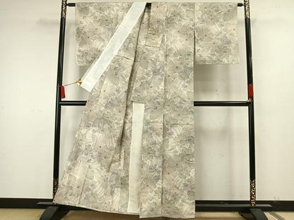 平和屋着物▽上質な紬 単衣 草花文 正絹 逸品 AAAW7702fy