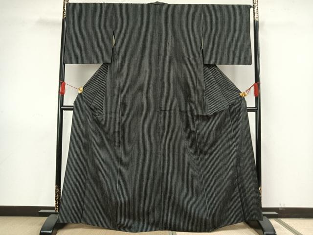 平和屋着物▽上質な紬 単衣 縞 黒地 正絹 逸品 AAAW7708fy