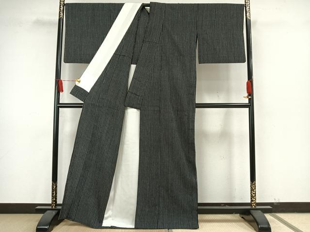 平和屋着物▽上質な紬 単衣 縞 黒地 正絹 逸品 AAAW7708fy