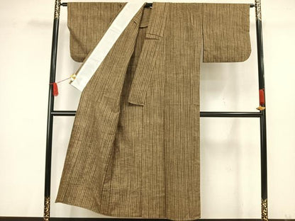 平和屋着物▽上質な紬 単衣 縞 正絹 逸品 AAAW7710fy