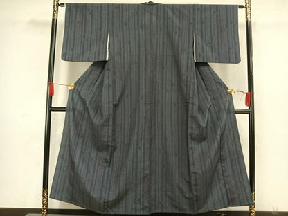 平和屋着物▽本塩沢 単衣 110亀甲 変わり縞 正絹 逸品 AAAW7712fy