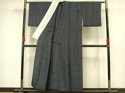 平和屋着物▽本塩沢 単衣 110亀甲 変わり縞 正絹 逸品 AAAW7712fy