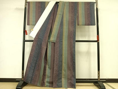 平和屋着物▽本場真綿絢結城紬　単衣　草木染　葉間道　証紙付き　正絹　逸品　AAAW7713fy