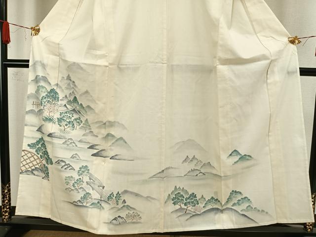 平和屋着物▽訪問着 単衣 紬地 手描き 風景文 正絹 逸品 AAAW7714fy