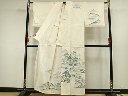 平和屋着物▽訪問着 単衣 紬地 手描き 風景文 正絹 逸品 AAAW7714fy