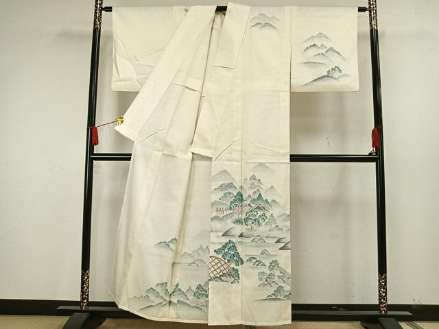 平和屋着物▽訪問着 単衣 紬地 手描き 風景文 正絹 逸品 AAAW7714fy