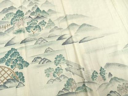 平和屋着物▽訪問着 単衣 紬地 手描き 風景文 正絹 逸品 AAAW7714fy