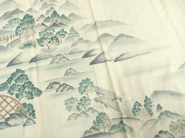 平和屋着物▽訪問着 単衣 紬地 手描き 風景文 正絹 逸品 AAAW7714fy