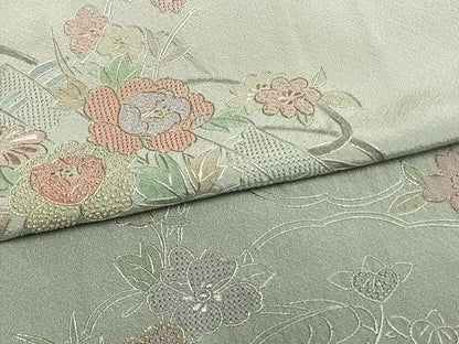 平和屋着物▽訪問着　単衣　中国三大刺繍　汕頭刺繍　スワトウ刺繍　相良刺繍　草花文　暈し染　金糸　さが美扱い　正絹　逸品　AAAW7715fy