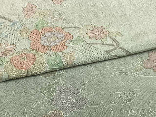 平和屋着物▽訪問着　単衣　中国三大刺繍　汕頭刺繍　スワトウ刺繍　相良刺繍　草花文　暈し染　金糸　さが美扱い　正絹　逸品　AAAW7715fy