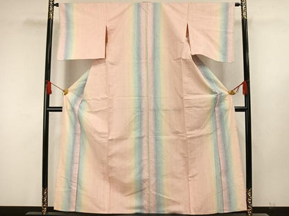 平和屋着物▽紅花紬　米沢　単衣　間道　正絹　逸品　AAAW7721fy