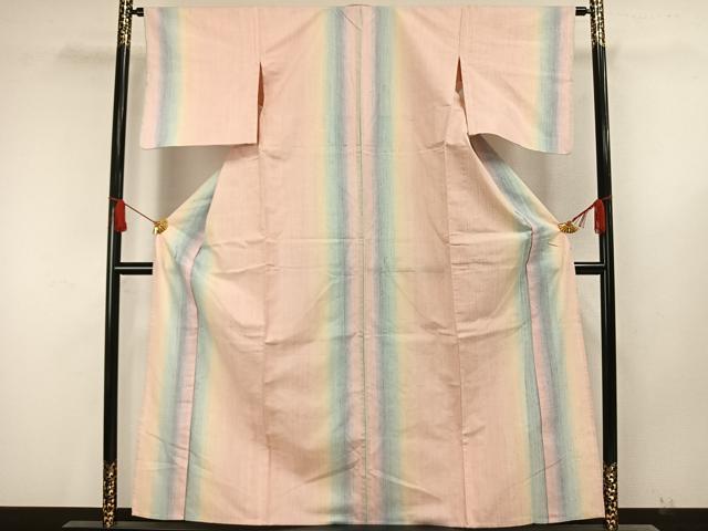 平和屋着物▽紅花紬　米沢　単衣　間道　正絹　逸品　AAAW7721fy