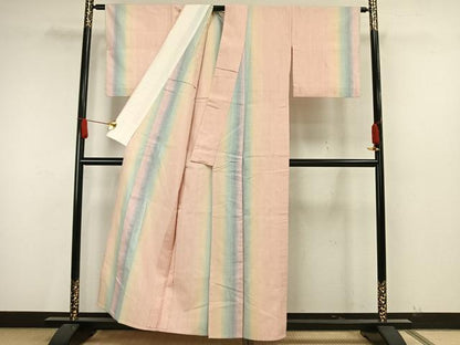 平和屋着物▽紅花紬　米沢　単衣　間道　正絹　逸品　AAAW7721fy