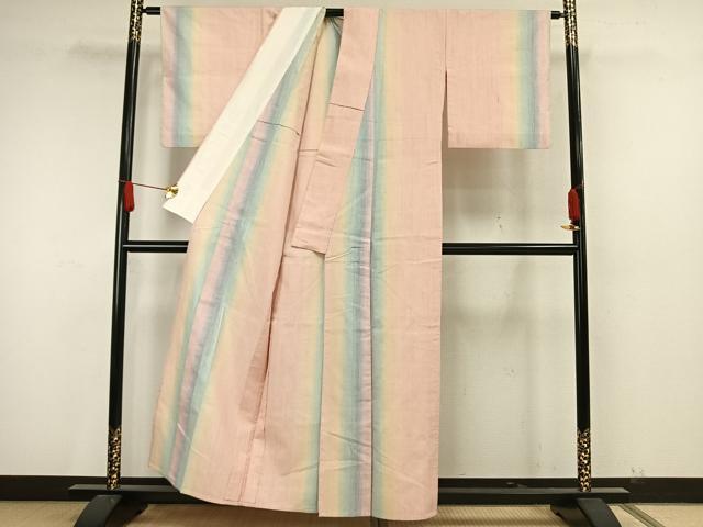 平和屋着物▽紅花紬　米沢　単衣　間道　正絹　逸品　AAAW7721fy